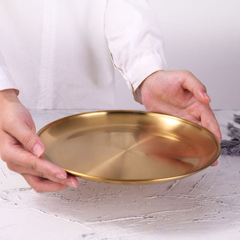 Retro Metal Round Tray – Stainless Steel Snack, Fruit, and Jewelry Tray